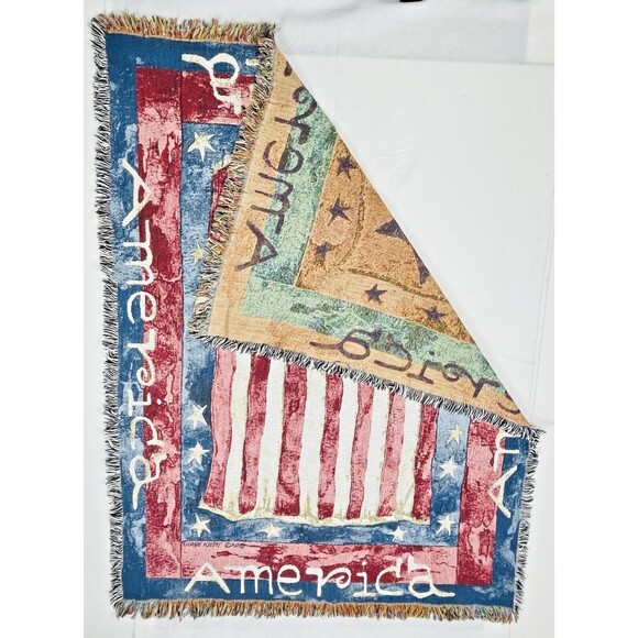 VTG Tapestry American Flag throw Lap Blanket Patriotic Fringed 70in x 50in - Picture 4 of 12